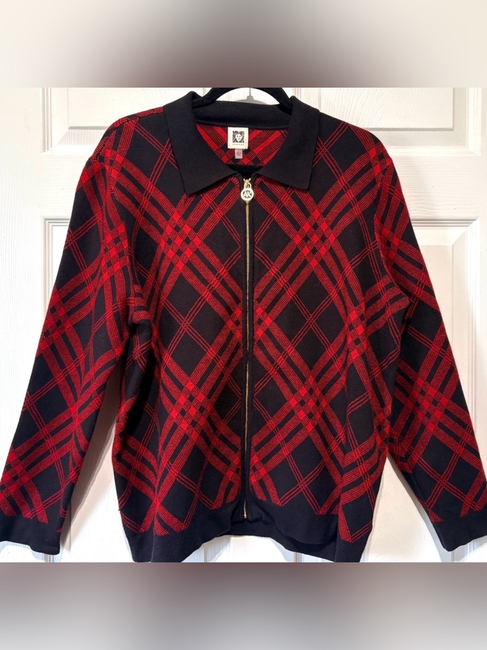 ANNE KLEIN Red and Black Plaid Gold Zip Cardigan Sweater Large